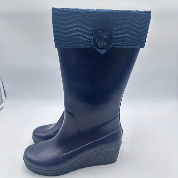 Sperry Boots Women 7 Waterproof Rain Navy Blue 2" Heel Cuff Rubber Anchor Button - Picture 5 of 10